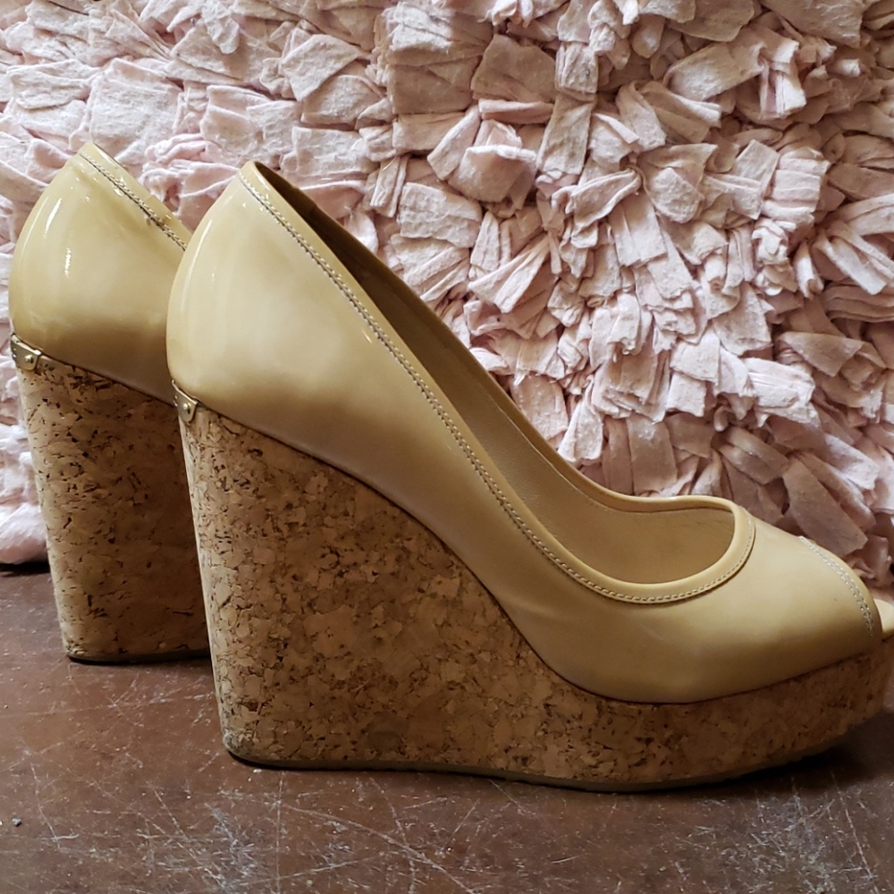 Jimmy Choo Beige Patent Leather Cork Wedge Pumps